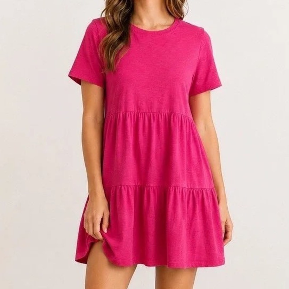 GAP Hot Pink Tiered T-Shirt Dress 100% Cotton L Babydoll Mini Cottagecore